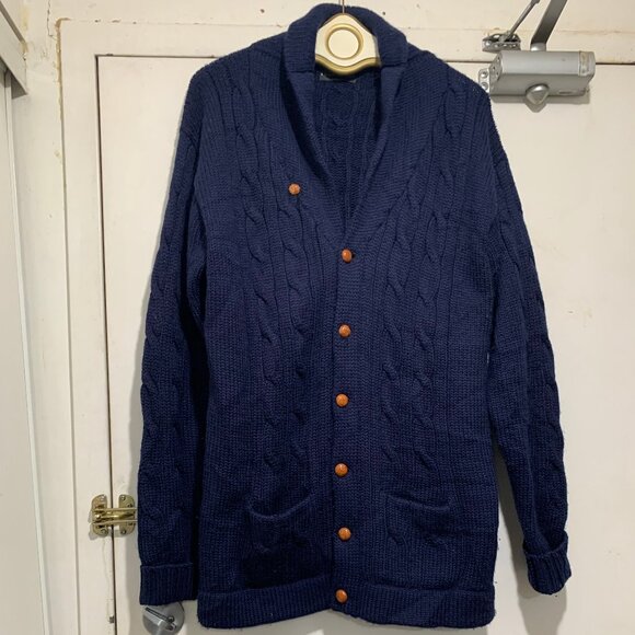 VINTAGE HARRY ROSEN TALL SLIM FIT CABLE KNIT WOOL SHAWL SWEATER CARDIGANS SIZE L - Picture 7 of 14